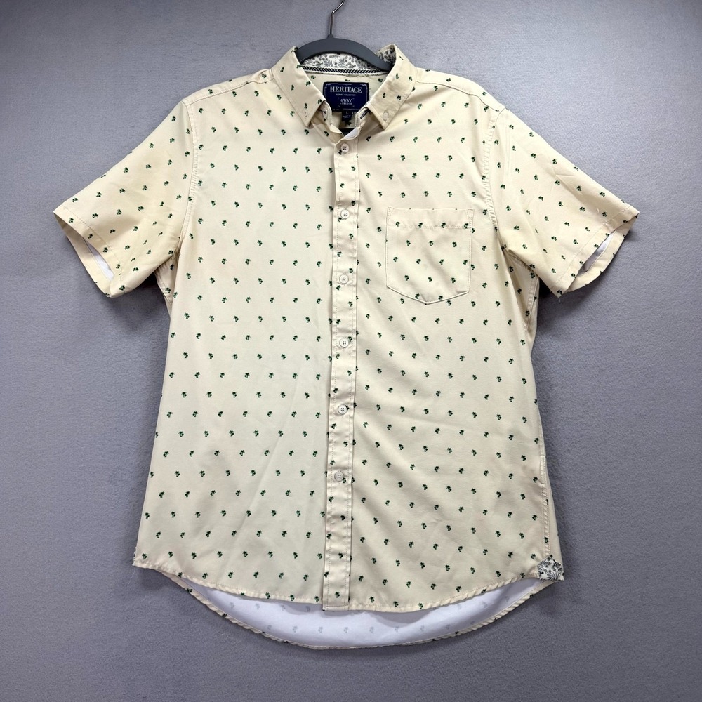 Heritage Report Collection Shirt Mens Large Beige Green Palm Trees 4 Way Stretch